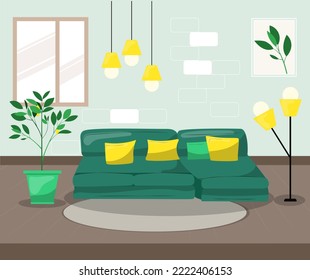 Living room with sofa. Modern interior design with a green sofa and pillows. Cartoon vector illustration.