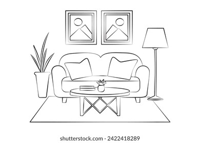 Living room. A sofa, paintings, a lamp and a table in front of the sofa. Linear style