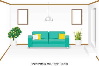 Living room with sofa, pillows, picture frame, lamp, grass and tree pot. Interior design vector illustration.