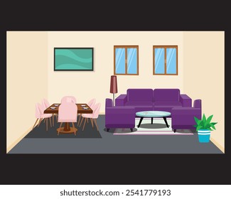 Living room with sofa set and dinner table home interior vector