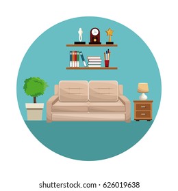 living room sofa shelf books trophy clock lamp small table and pot plant