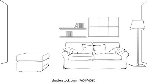 Living Room With Sofa, Sketch 