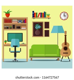 Living room with sofa, table and computer. Vector illustration, set.