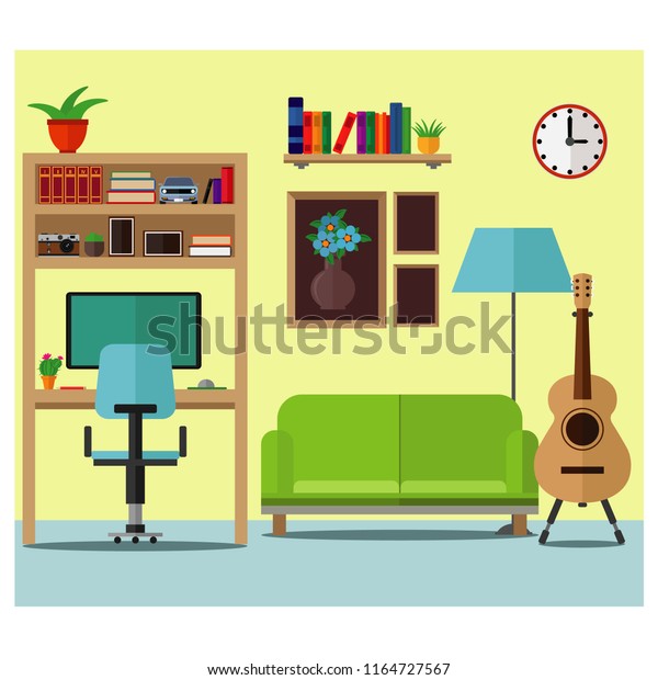 Living room with sofa, table and computer. Vector\
illustration, set.
