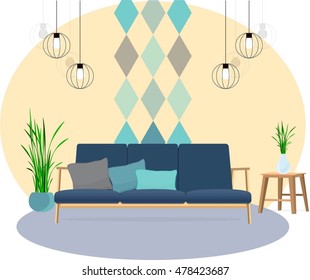 Living room. Sofa with table and lamp.
