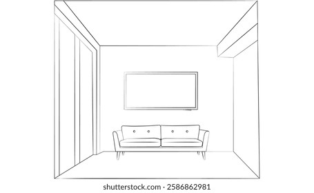 
Living room with Sofa and TV graphic black white home interior sketch illustration vector