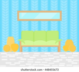 living room with a sofa, vases, mirror and parquet floor, vector illustration in flat style