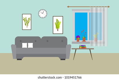 Living room with sofa. Vector interior illustration