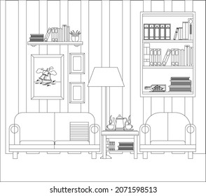 Living room with sofa, wardrobe and books. Vector illustration coloring book.