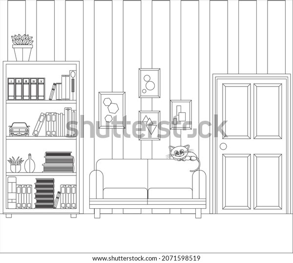 Living room with sofa, wardrobe and books. Vector\
illustration coloring\
book.