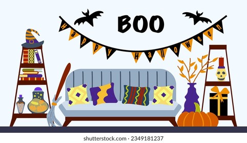 Living room with a sofa and a wardrobe is decorated for  autumn holidays. Horizontal postcard, banner for Halloween. Concept of an interior decorator for a celebration. Illustration in a flat style.