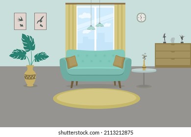 Living room with sofa, window, chest of drawers, table, tapis and other accessories. Vector illustration 