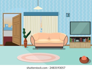 living room with a sofa, window with curtains, a door partly open, TV, book shelf, rug and a cat sleeping