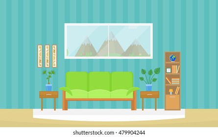 Living room with sofa window, painting, table, plants, books, globe. vector illustration in flat style