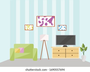 Living room with soft color. Blue wallpaper TV and green sofa.