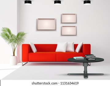 Living Room Space Image With Red Sofa Complemented White Black Interior Details Realistic Home Design Vector Illustration  