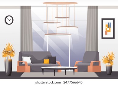 Living room spacious interior background. Modern home design with sofa, coffee table, large window, plants, lamp. Hotel lounge zone or hall.