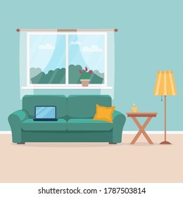 Living room with summer or spring window view, green sofa, yellow pillow, laptop, plant on the window, lamp, table, cup of coffee. Vector illustration in flat style