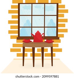 living room with a table with hot coffee or tea and a window with a winter landscape. Flat vector illustration in cartoon style.