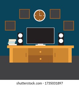 Living room with television and speaker illustration. Dark living room theme