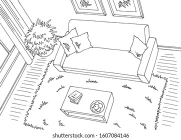 Living room top view graphic black white home interior sketch illustration vector