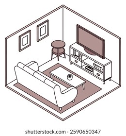living room. top view. In the living room there is a sofa, an armchair, a coffee table and a TV stand and TV white background