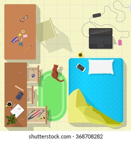 living room top view vector illustration. freelancer workplace with matresse and notebook