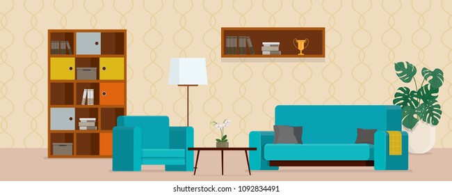 Living room with turquoise sofa and armchair