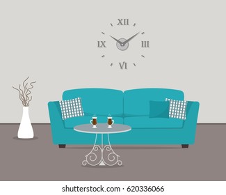 Living room with turquoise sofa and large round clock on the wall. There is also a coffee table and a vase with decorative branches in the picture. Vector flat illustration.