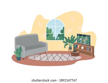 Sala de estar con afiche de TV 2D vectorial. Sofá gris. TV con partido de fútbol. Escena plana interior en el fondo de caricatura. Parche imprimible de relajación de fin de semana, elemento web colorido