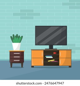 Living room with TV, bookshelf and cabinet. Nightstand with plant. Flat vector illustration.