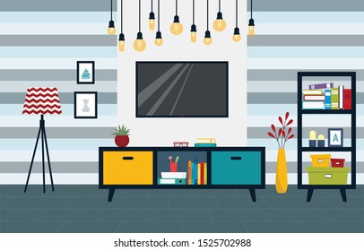 Living room with tv and furniture - TV stand, shelving, vase and lamp. Flat style illustration