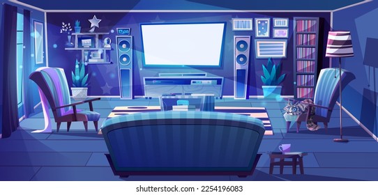 Living room with tv and game console with joysticks at night. Empty apartment interior with sofa, light television screen, speakers, chairs, cat and lamp, vector cartoon illustration