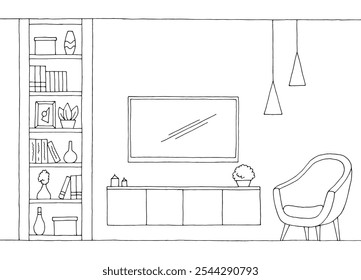 Living room tv graphic black white home interior sketch illustration vector