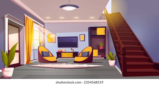 Living room with TV in modern house. Vector cartoon illustration of home interior, armchairs and carpet on wooden floor, books on table, picture frames on wall, stairscase, morning sunlight in window