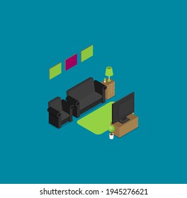 Living room with TV and sofa. Isometric flat vector.
