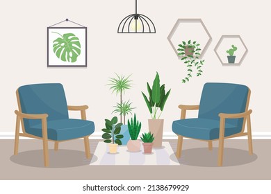 A living room with two armchairs and house plants, a rug on the floor, shelves and a poster on the wall.