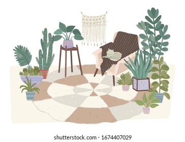 Living room with various potted plants on carpet. Trendy indoor home decoration with planters, cacti, succulents, flowers. Vector illustration concept