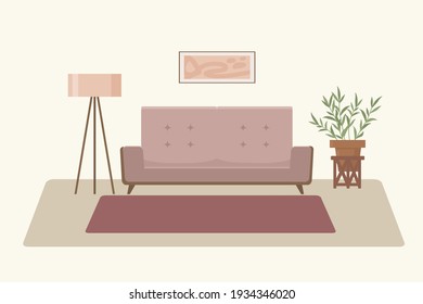 Living room with vector furniture. Cozy interior with a sofa. A floor lamp and a potted flower. Vector illustration in soft pink and beige tones. Vector illustration