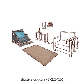 living room. Vector hand-drawn sketch.
