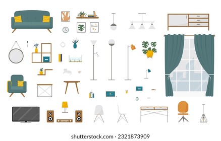 Living room vector illustration set. Design trendy items for home or office in flat style.