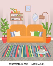 Living room vector, interior of home flat style. Sofa with pillows, houseplants in pots, lamp and mirror. Clock and shelf with books and vase flowers