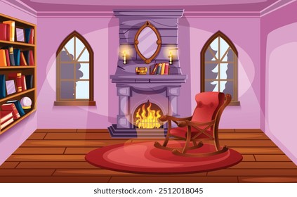 Living Room with Vintage Fireplace, Rocking Chair, Wooden Floor, Book Shelf and Windows - Cartoon Background 