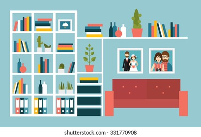 Living room wall with red sofa and book shelves. Flat design vector illustration.