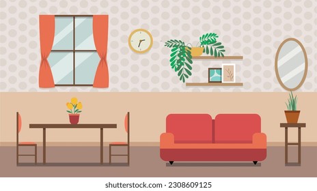 Living room, wallcovering, plants, a window with curtains, and a couch.