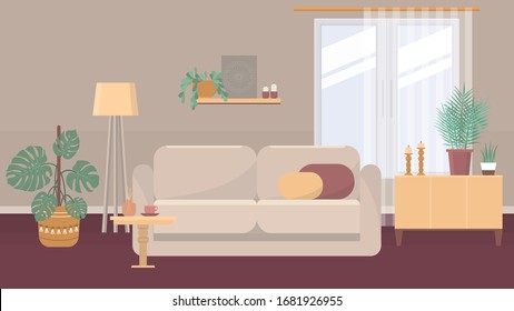 Living room in warm colors with potted plants and decor. Vector illustration