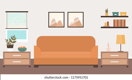 Living room in warm colors. Vector illustration