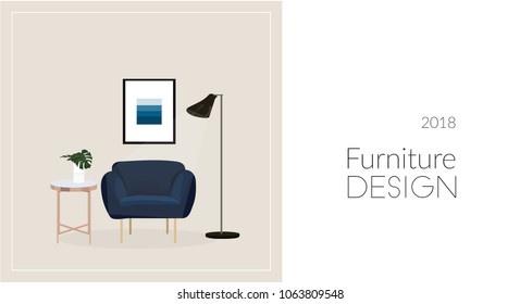 living room web site banner. furniture vector illustration. modern interior design. shop advert leaflet poster. 