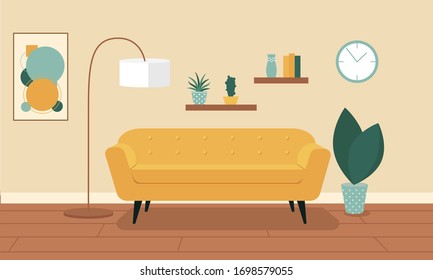 Living room well-decorated interior. Sofa, bookcase, picture. Apartment, stylish home, fashion, classical comfortable design for creative idea of modern space. Vector flat style  illustration