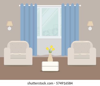 Living room with white armchairs and blue curtain. There is also a vase with yellow tulips on the table in the picture. Vector flat illustration.